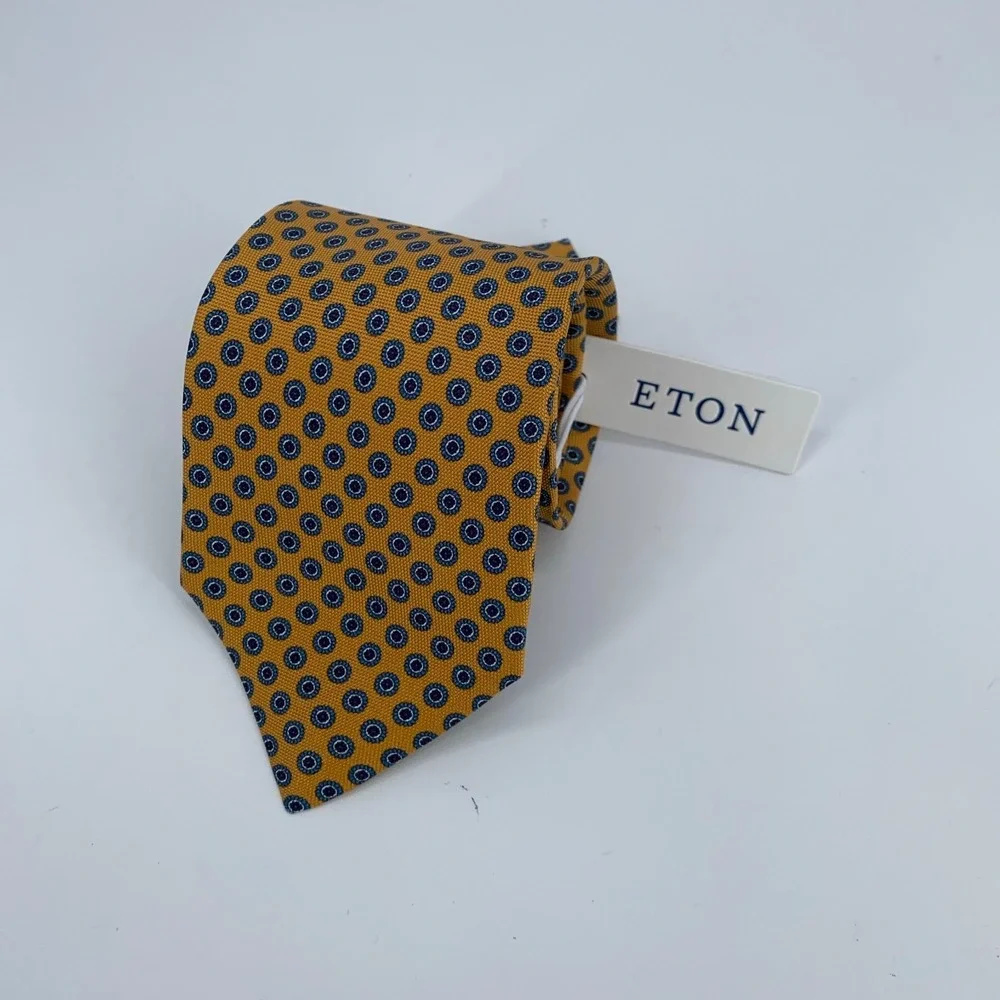 Eton Tie Mens One Size Yellow Blue Patterned Silk Classic Necktie Italy Made NWT